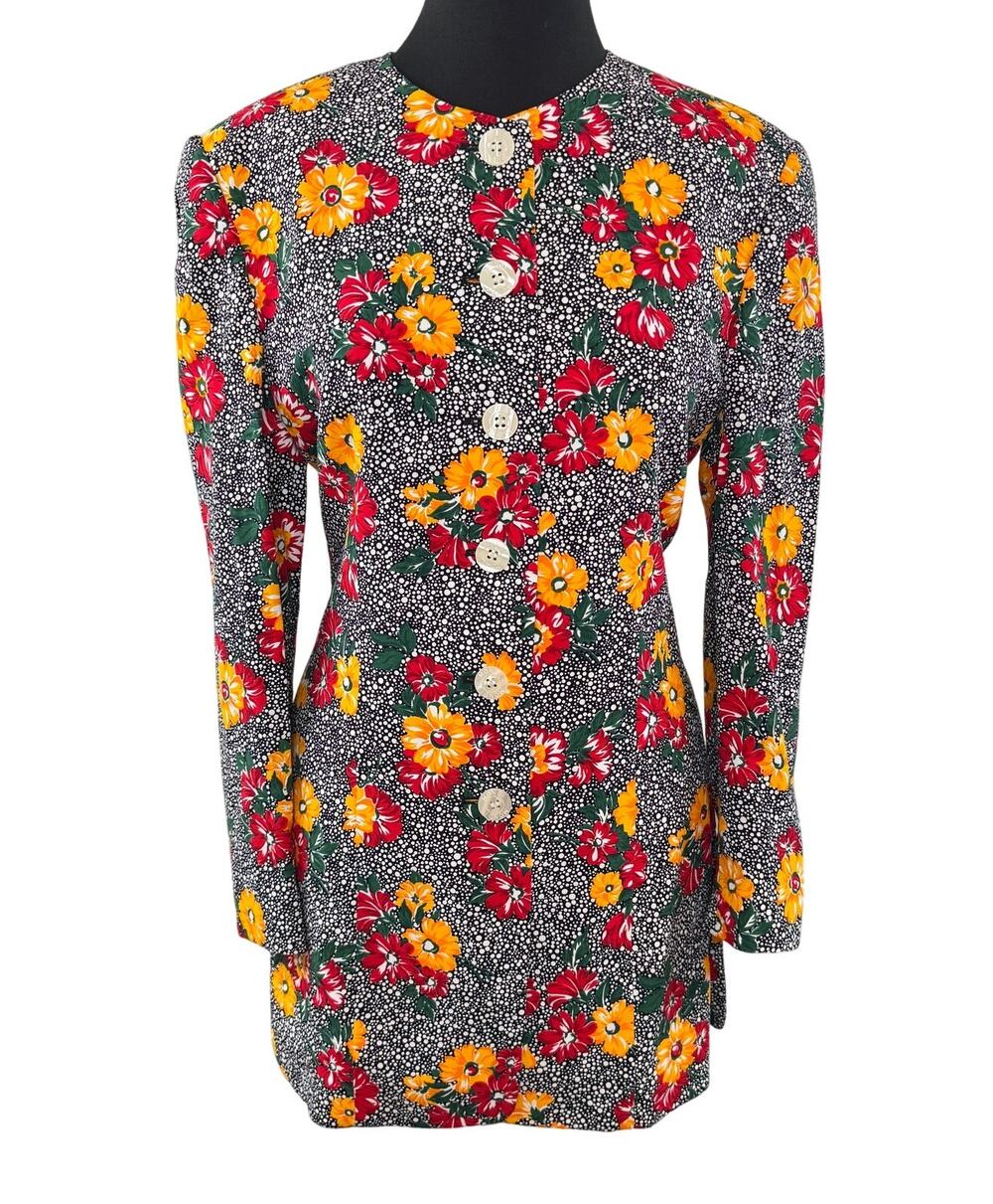 VTG Mondi Multi Jacket Blazer Floral Gathered Shoulder Casual Button-Up Size 38